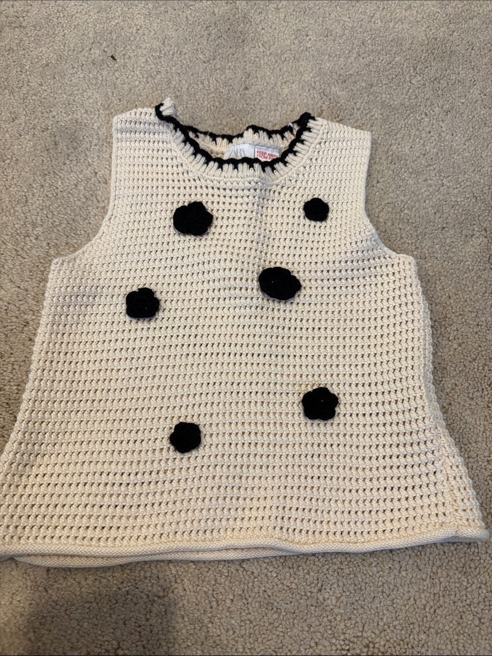 Girls Cream Crochet Sleeveless Sweater with Black Accent flowers